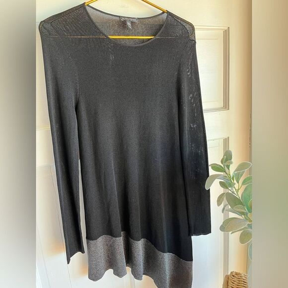 New Eileen Fisher black asymmetrical long sleeve round neck tunic top - Picture 2 of 6
